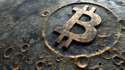 Poster - Golden bitcoin symbol standing on a realistic lunar surface