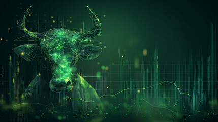 Poster - Green glowing bull head representing growing financial market trend