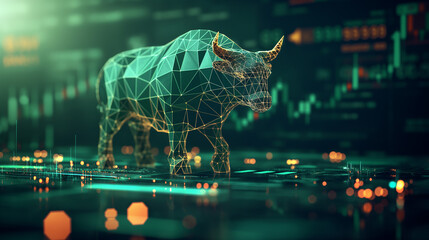 Poster - Polygonal bull walking on circuit board with stock market data in background