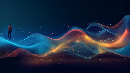 Poster - Businessman standing on abstract big data stream flowing with information