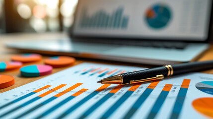 Poster - Pen resting on financial report with charts and laptop showing business growth
