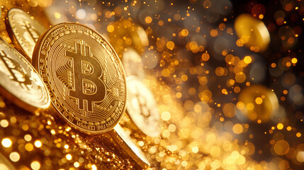 Poster - Bitcoin is shining on golden glitter with bokeh effect