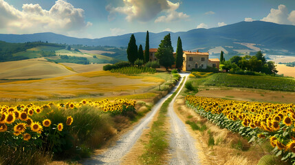 Wall Mural - Countryside lane bordered by golden wheat fields and sunflowers in full bloom, leading to a rustic farmhouse among rolling hills