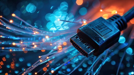 Poster - Fiber optic cable with glowing blue and orange lights in the background