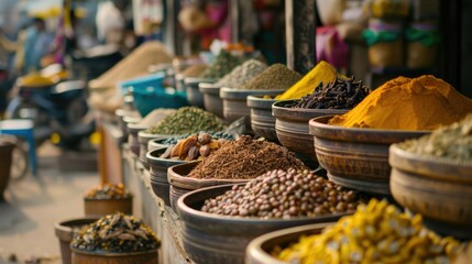 Spices displayed at a market stall with people in the background, showcasing colorful seasonings and ingredients. AIG53M