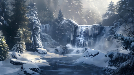 Icy waterfall in a winter landscape, with snow-covered rocks and evergreen trees, the water glistening in the cold morning light