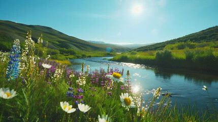 Wall Mural - Lush green valley with wildflowers in bloom under a clear blue sky with a gently flowing river reflecting the sunlight