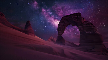 Wall Mural - Majestic desert dunes under a starry night sky with a towering sandstone arch illuminated by the light of a distant galaxy