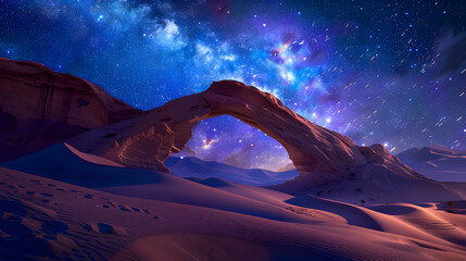 Wall Mural - Majestic desert dunes under a starry night sky with a towering sandstone arch illuminated by the light of a distant galaxy