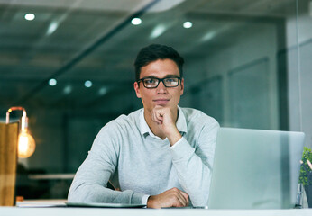 Poster - Business, thinking and man with laptop, portrait and thoughts with planning, ideas and pride. Face, employee and consultant with computer, decision or choice for review, solution or problem solving