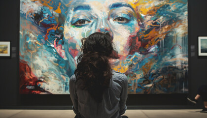 Woman observing vibrant abstract portrait in gallery modern creativity immersive art experience colorful design
