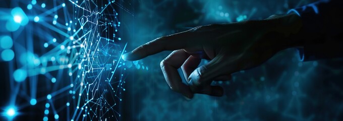 Poster - Fingertip Interacting with Futuristic Digital Interface of Glowing Blue Circuitry