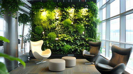 Minimalist indoor oasis with vertical gardens, hydroponic systems, LED grow lights, modular seating, and digital plant care. Green innovation