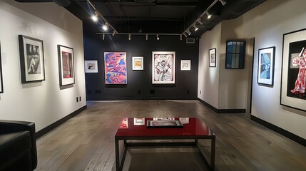 Poster - Block-printed art pieces are beautifully displayed in a gallery, showcasing intricate craftsmanship and vibrant details.