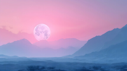 Wall Mural - Moonrise over the mountains with pink sky background