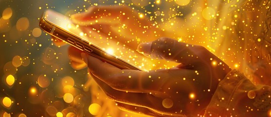 Aufkleber - Glowing smartphone in woman's hand with golden sparkles and light effects background.