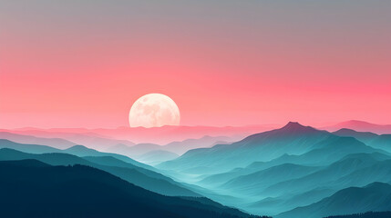 Wall Mural - Moonrise over the mountains with pink sky background