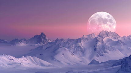 Wall Mural - Moonrise over the mountains with pink sky background