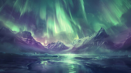 Wall Mural - Northern lights dancing across an arctic sky with shimmering greens and purples, creating a mesmerizing and ethereal display