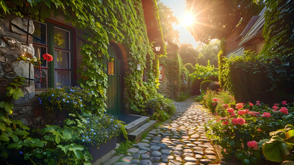 Wall Mural - Quaint cottage exterior with ivy-covered walls and a cobblestone path leading to a blooming garden under a bright afternoon sun