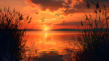 Wall Mural - Serene lake at sunset with golden ripples reflecting the orange and pink sky, surrounded by tall reeds and silhouetted birds