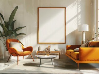 Mid Century modern living room featuring stylish, cozy furniture with a single blank white portrait poster frame for a chic ambiance