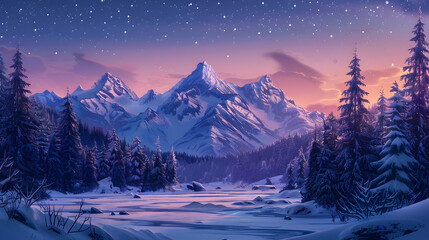 Wall Mural - Snowy mountain range with a frozen river, surrounded by pine trees, under a pink twilight sky, with stars beginning to twinkle in the background