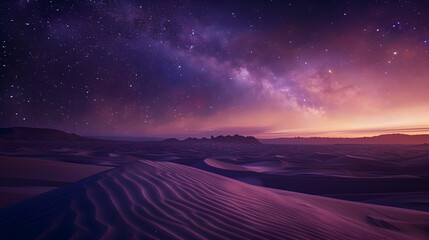 Wall Mural - Spectacular twilight over sandy desert dunes, star-filled sky emerging, deep purple hues