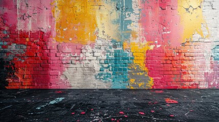 colorful abstract street art on brick wall with splattered paint