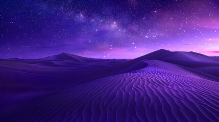 Wall Mural - Spectacular twilight over sandy desert dunes, star-filled sky emerging, deep purple hues