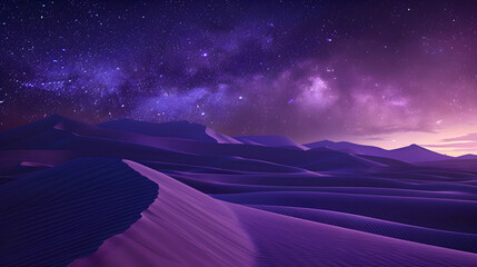 Wall Mural - Spectacular twilight over sandy desert dunes, star-filled sky emerging, deep purple hues
