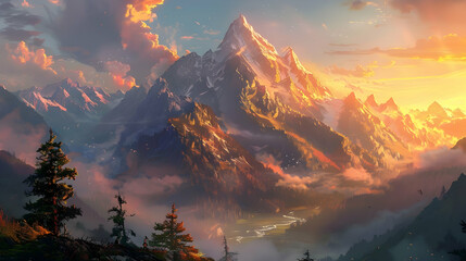 Wall Mural - Sunrise over a mountain peak with snow-capped summits and a serene valley below, bathed in golden morning light