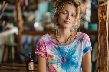 Young Woman in Colorful Tie-Dye T-Shirt Relaxing Indoors with Bohemian Decor