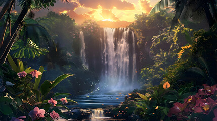 Wall Mural - Sunset-lit waterfall in a tropical rainforest, with vibrant orchids and lush ferns framing the scene, creating a serene paradise