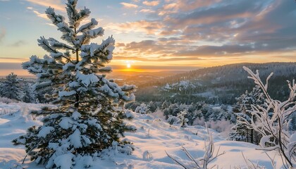 Winter landscape wallpaper with pine forest covered with snow and scenic sky at sunset. Snowy fir tree in beauty nature scenery. Christmas and new year greeting card background.