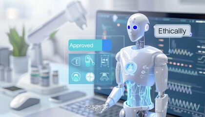 Poster - ethically approved ai robot with digital interface in futuristic tech background, illustrating ethic