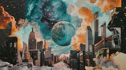 surreal cosmic landscape blending urban cityscape with outer space elements, creating a fantasy drea