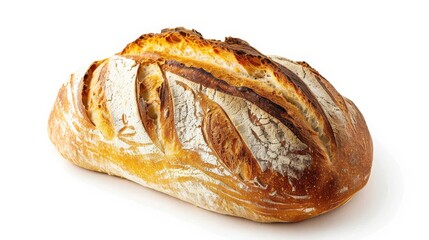 A close-up image of a freshly baked loaf of artisan bread on a white background, showcasing its golden crust and textured surface.