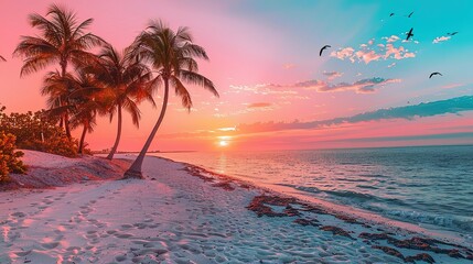 Wall Mural - Tranquil Beach Sunset with Pink Skies and Palm Trees