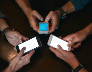 Poster - People, group and phone with mockup screen for promotion, networking and sharing data together. Hands, friends and mobile with advertising space for broadcast message, connection and app download