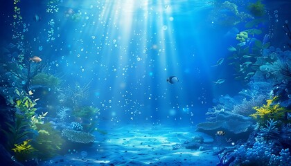 Blue ocean underwater world with beautiful sunlight shining. Blue Water Tropical Reef. Tropical underwater sea fish. Colorful tropical coral reef. Scene reef. Marine life sea world.