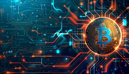 Close up of Bitcoin logo on top of circuit board. Insights and analysis cryptocurrency