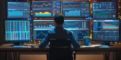 Aufkleber - A professional analyzing financial data on multiple monitors, surrounded by reports and notes, capturing the intensity of financial analysis