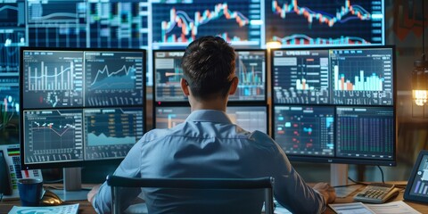 Aufkleber - A professional analyzing financial data on multiple monitors, surrounded by reports and notes, capturing the intensity of financial analysis