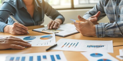 Aufkleber - A financial advisor meeting with clients, explaining investment options with charts and documents on the table, emphasizing personal finance consultations