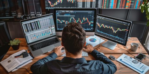 Aufkleber - A businessman analyzing stock market trends on a computer screen, surrounded by financial newspapers and reports, capturing the essence of market analysis