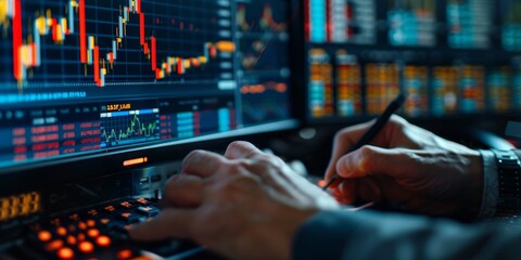 Aufkleber - A close-up of a stock market ticker on a computer screen, with a businessman's hand taking notes, representing real-time financial monitoring