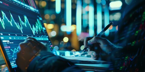 Aufkleber - A close-up of a stock market ticker on a computer screen, with a businessman's hand taking notes, representing real-time financial monitoring