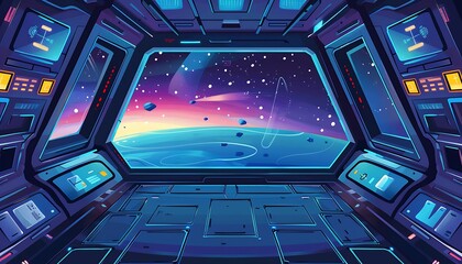 Bright spaceship interior with a view out a dark window