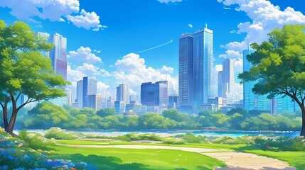 Poster - 都会にある公園、イラスト風3